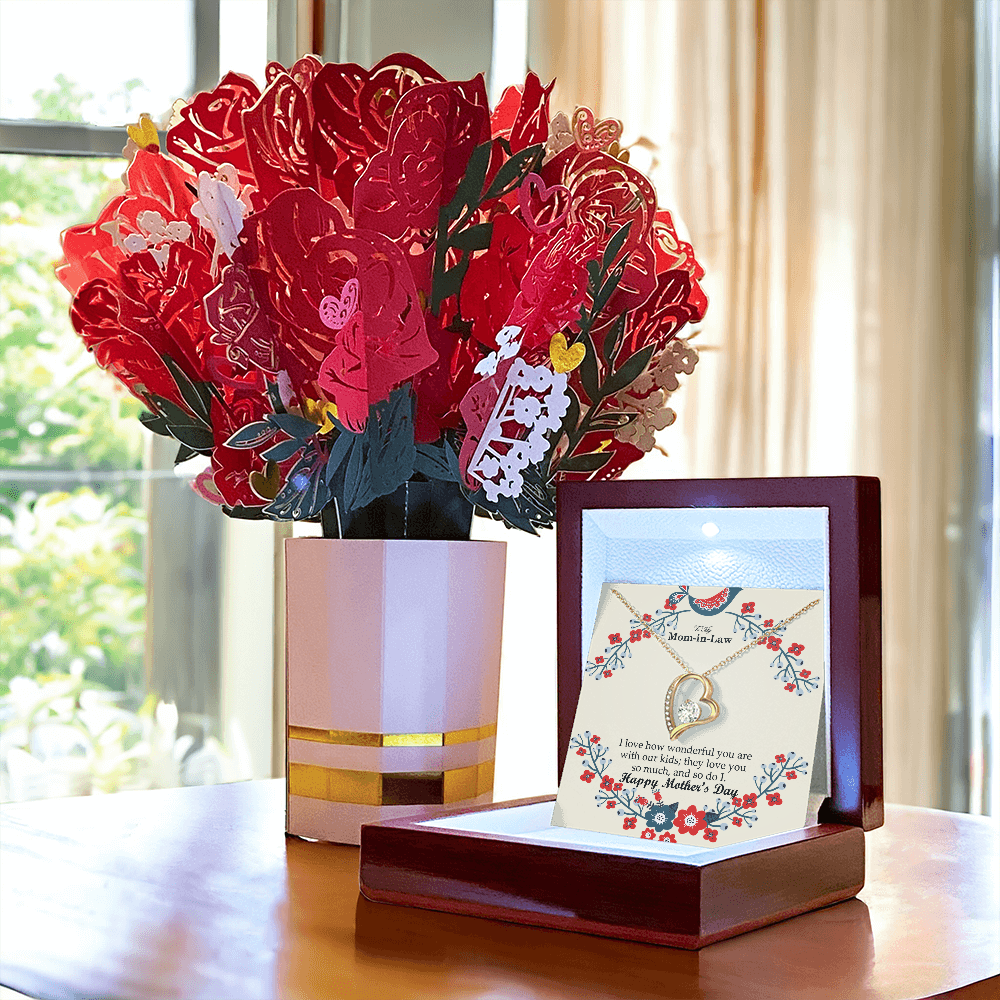 To My Mom-in-Law, I Love How Wonderful You Are With Our Kids - Happy Mother's Day - Forever Love Necklace & Sweetest Devotion Flower Bouquet - Gift for Mom
