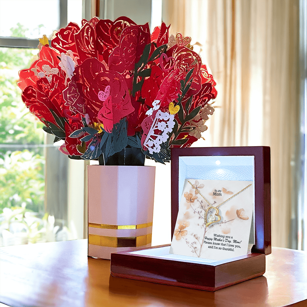 To My Mom, Wishing You A Happy Mother's Day! - Forever Love Necklace & Sweetest Devotion Flower Bouquet - Gift for Mom