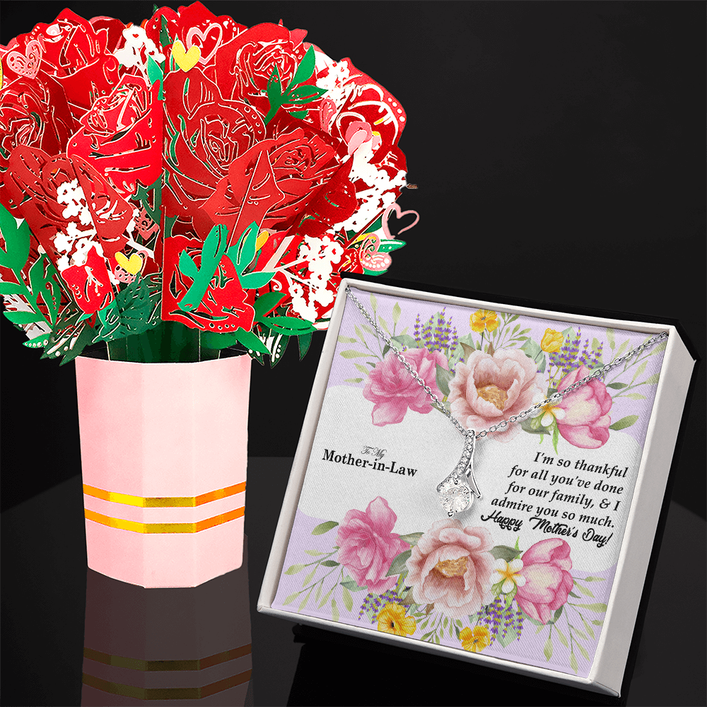 To My Mother-In-Law, I'm So Thankful For All You've Done - Happy Mother's Day - Alluring Beauty Necklace & Sweetest Devotion Flower Bouquet - Gift for Mom