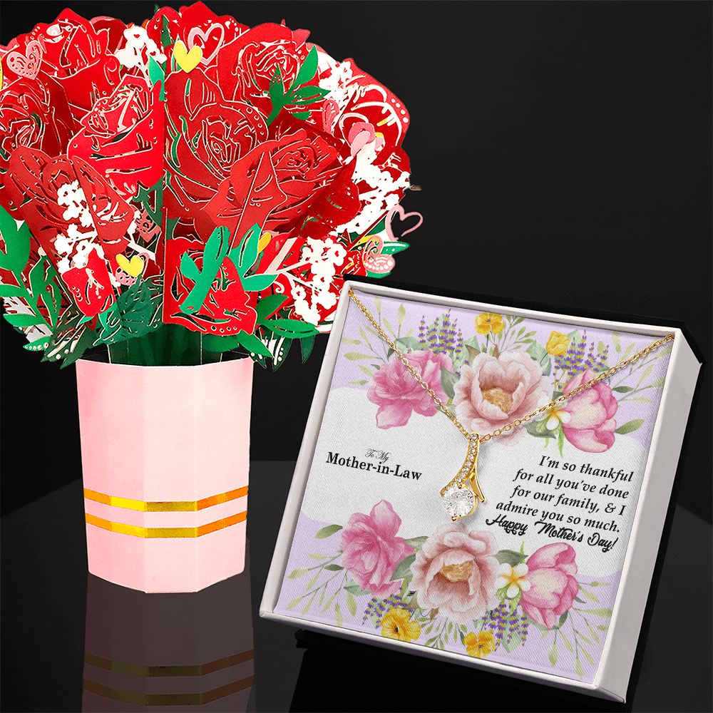 To My Mother-In-Law, I'm So Thankful For All You've Done - Happy Mother's Day - Alluring Beauty Necklace & Sweetest Devotion Flower Bouquet - Gift for Mom