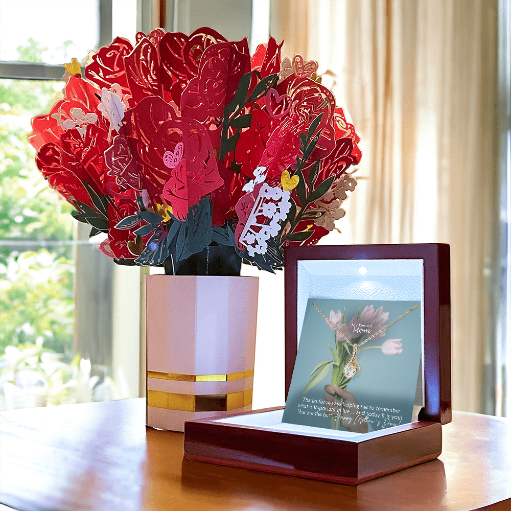 My Dearest Mom, Thanks For Always Helping Me To Remember What Is Important In Life... And Today It Is You! You Are The Best! Happy Mother's Day! - Alluring Beauty Necklace and Sweetest Devotion Bouquet - Gift for Mom