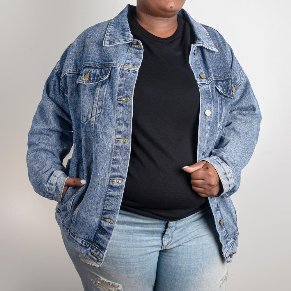 Let Your Faith Be Bigger Than Your Fear - Oversized Women's DTG Denim Jacket - Gift for Her