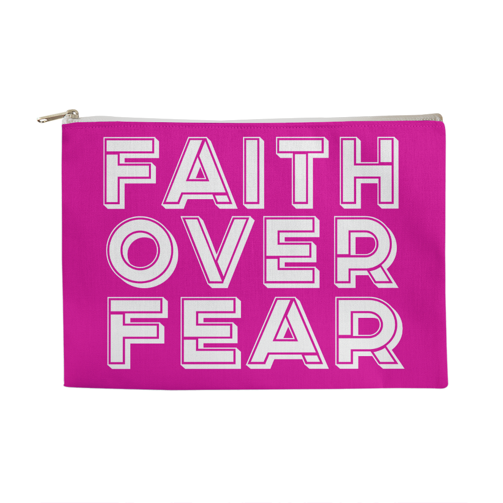 Faith Over Fear (White) - Fabric Zippered Pouch Large - Gift for Her - Gift for Him