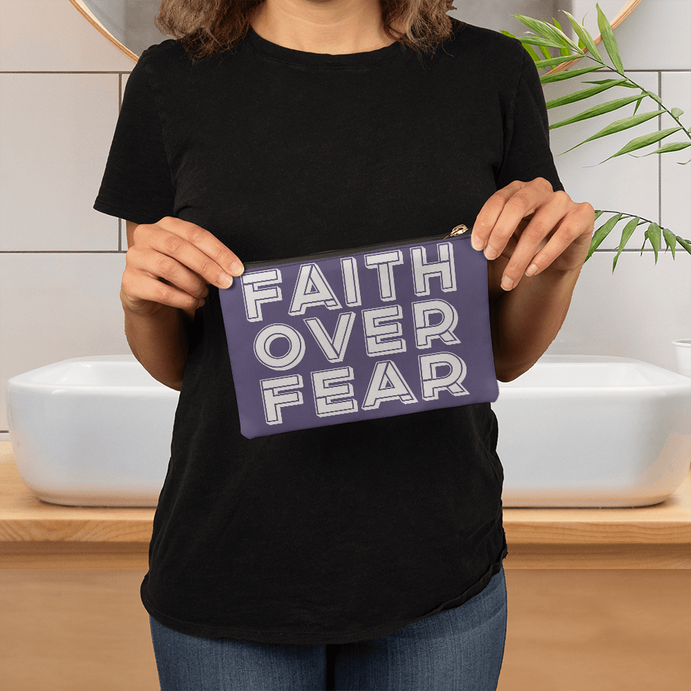 Faith Over Fear (White) - Fabric Zippered Pouch Small - Gift for Her - Gift for Him