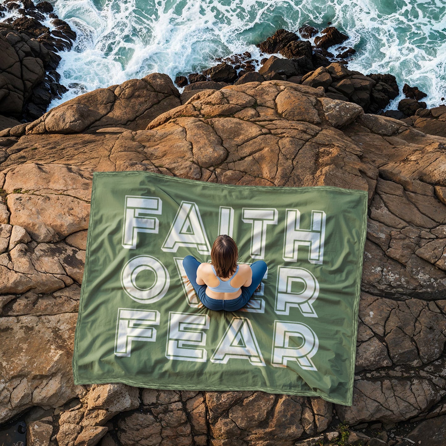 Faith Over Fear (White with Green Background) Coral Fleece Blanket – Gift for Her - Gift for Him