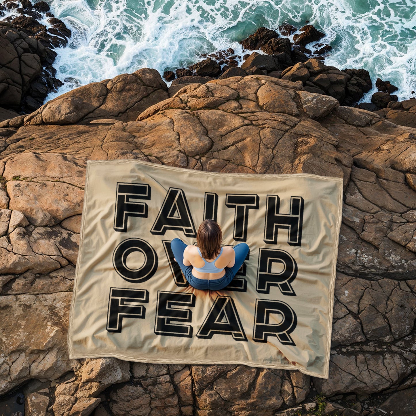 Faith Over Fear (Black with Cream Background) Coral Fleece Blanket – Gift for Her - Gift for Him