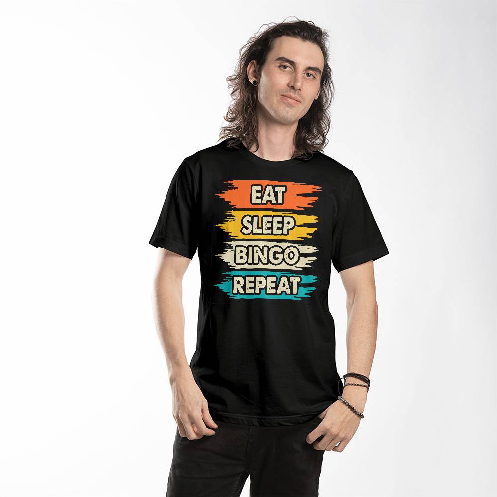 Eat Sleep Bingo Repeat (BLACK) - Bella + Canvas 3001 Unisex T-Shirt Front Print - Gift for Her - Gift for Him