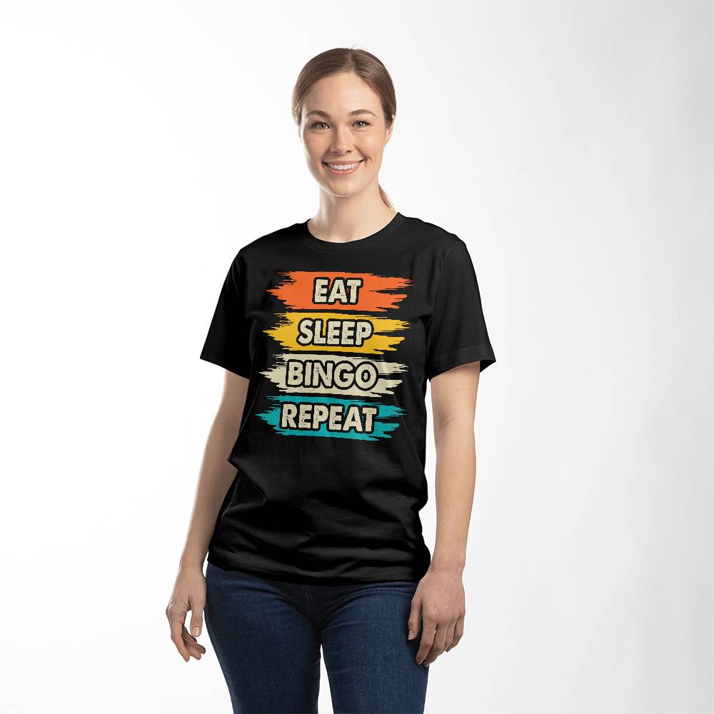 Eat Sleep Bingo Repeat (BLACK) - Bella + Canvas 3001 Unisex T-Shirt Front Print - Gift for Her - Gift for Him
