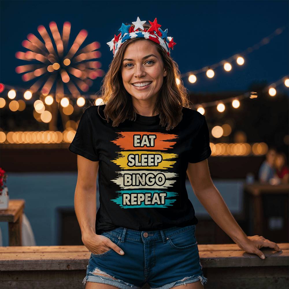 Eat Sleep Bingo Repeat (BLACK) - Bella + Canvas 3001 Unisex T-Shirt Front Print - Gift for Her - Gift for Him