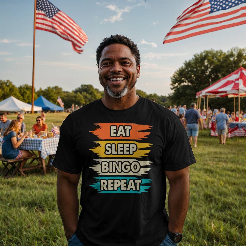 Eat Sleep Bingo Repeat (BLACK) - Bella + Canvas 3001 Unisex T-Shirt Front Print - Gift for Her - Gift for Him