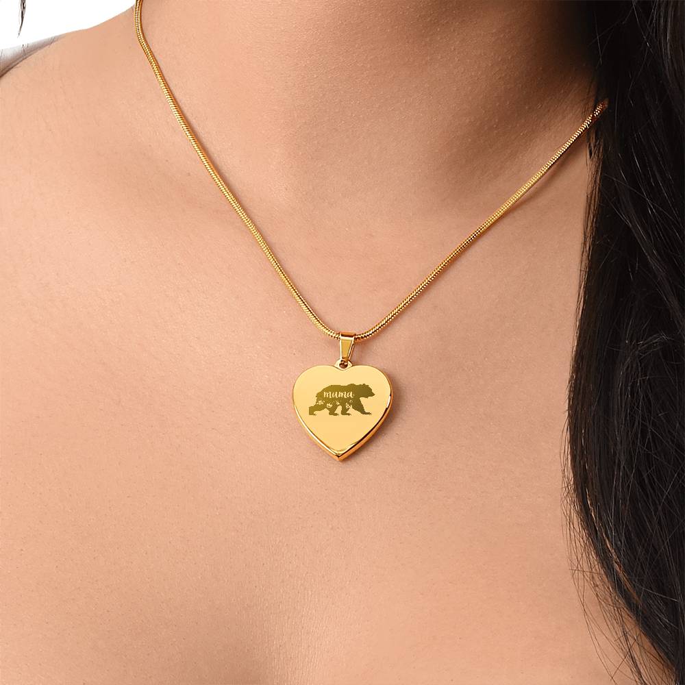 Mama Bear - Engraved Heart Necklace - Gift for Mom