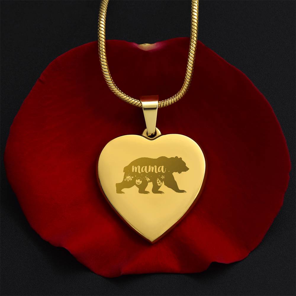 Mama Bear - Engraved Heart Necklace - Gift for Mom