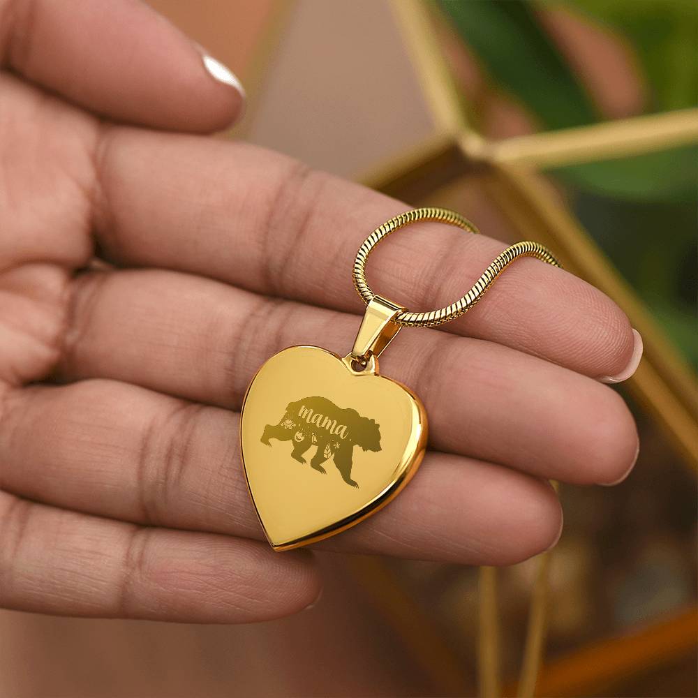 Mama Bear - Engraved Heart Necklace - Gift for Mom