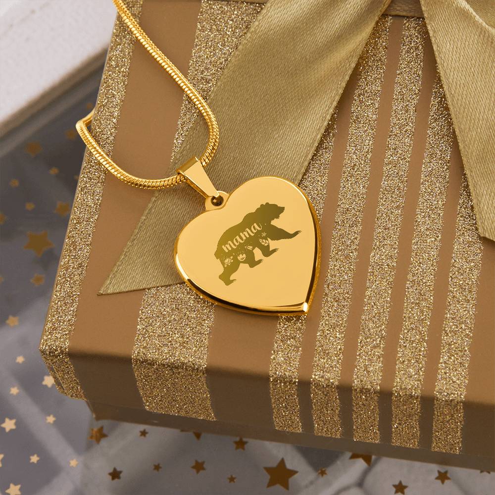 Mama Bear - Engraved Heart Necklace - Gift for Mom