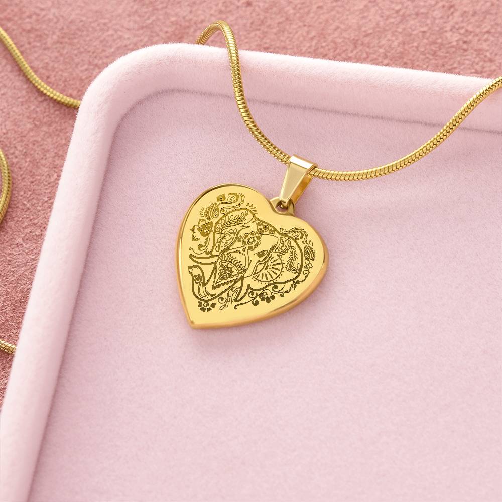 Elephant Head - Engraved Heart Necklace - Gift for Her
