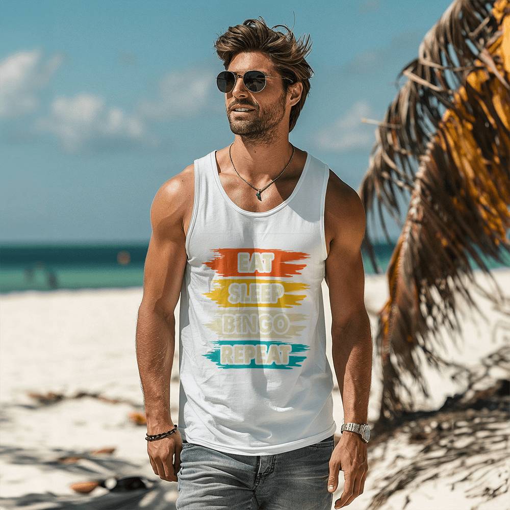 Eat Sleep Bingo Repeat - 3480 Bella + Canvas Unisex Jersey Tank Front Print - Gift for Her - Gift for Him