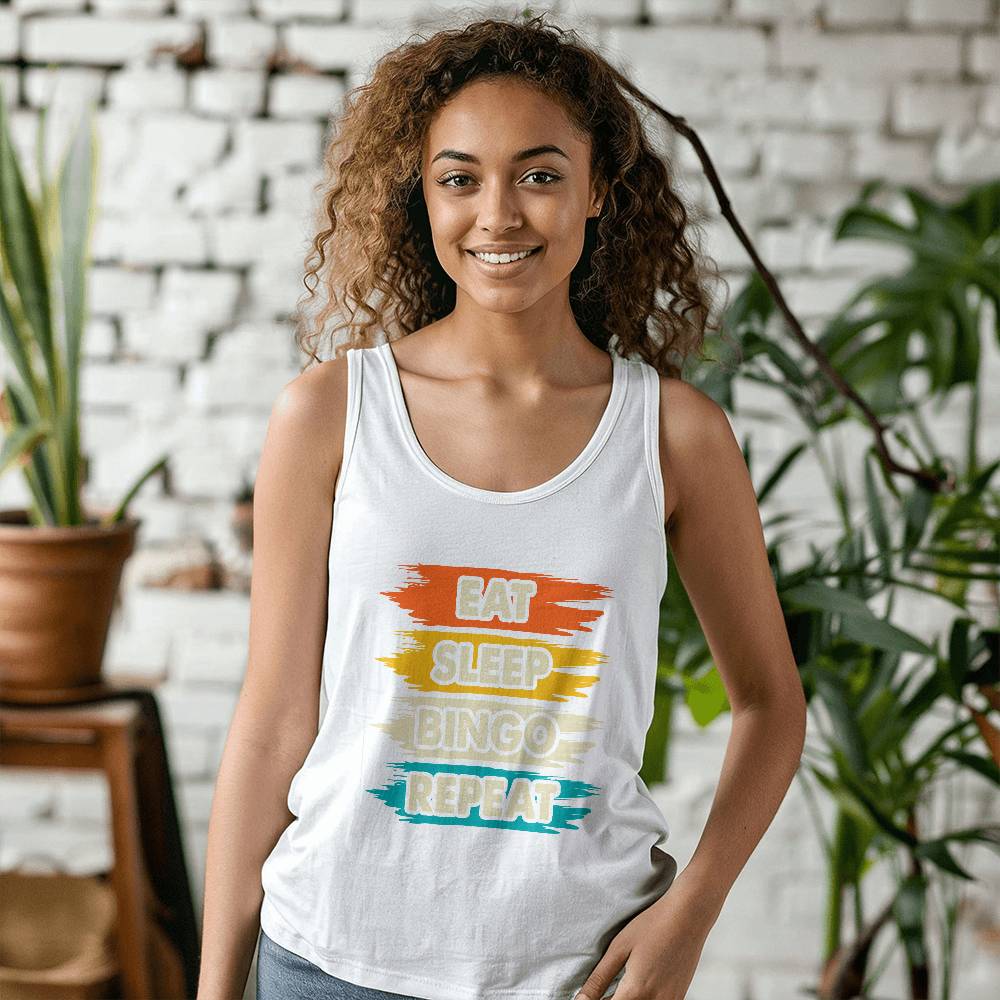 Eat Sleep Bingo Repeat - 3480 Bella + Canvas Unisex Jersey Tank Front Print - Gift for Her - Gift for Him