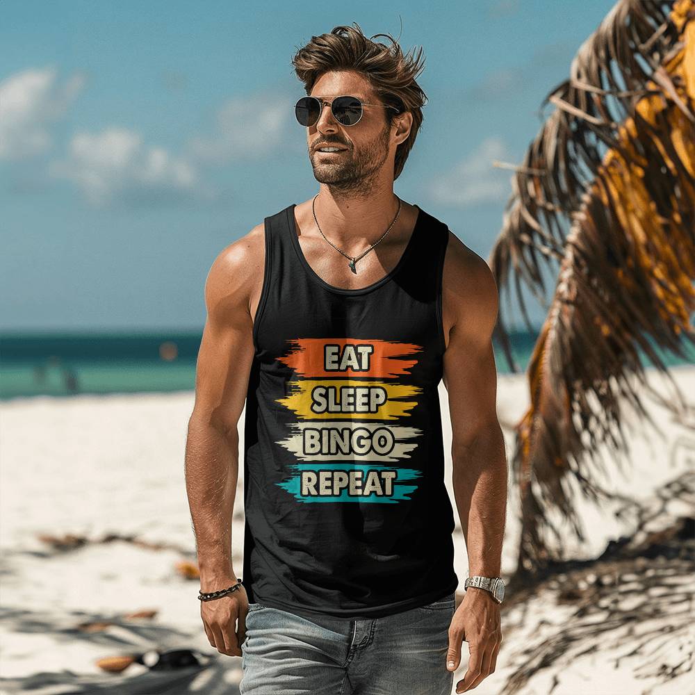 Eat Sleep Bingo Repeat - 3480 Bella + Canvas Unisex Jersey Tank Front Print - Gift for Her - Gift for Him