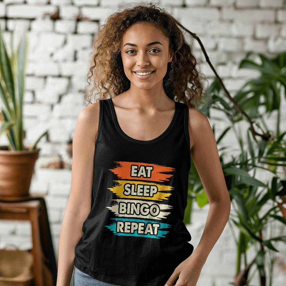Eat Sleep Bingo Repeat - 3480 Bella + Canvas Unisex Jersey Tank Front Print - Gift for Her - Gift for Him