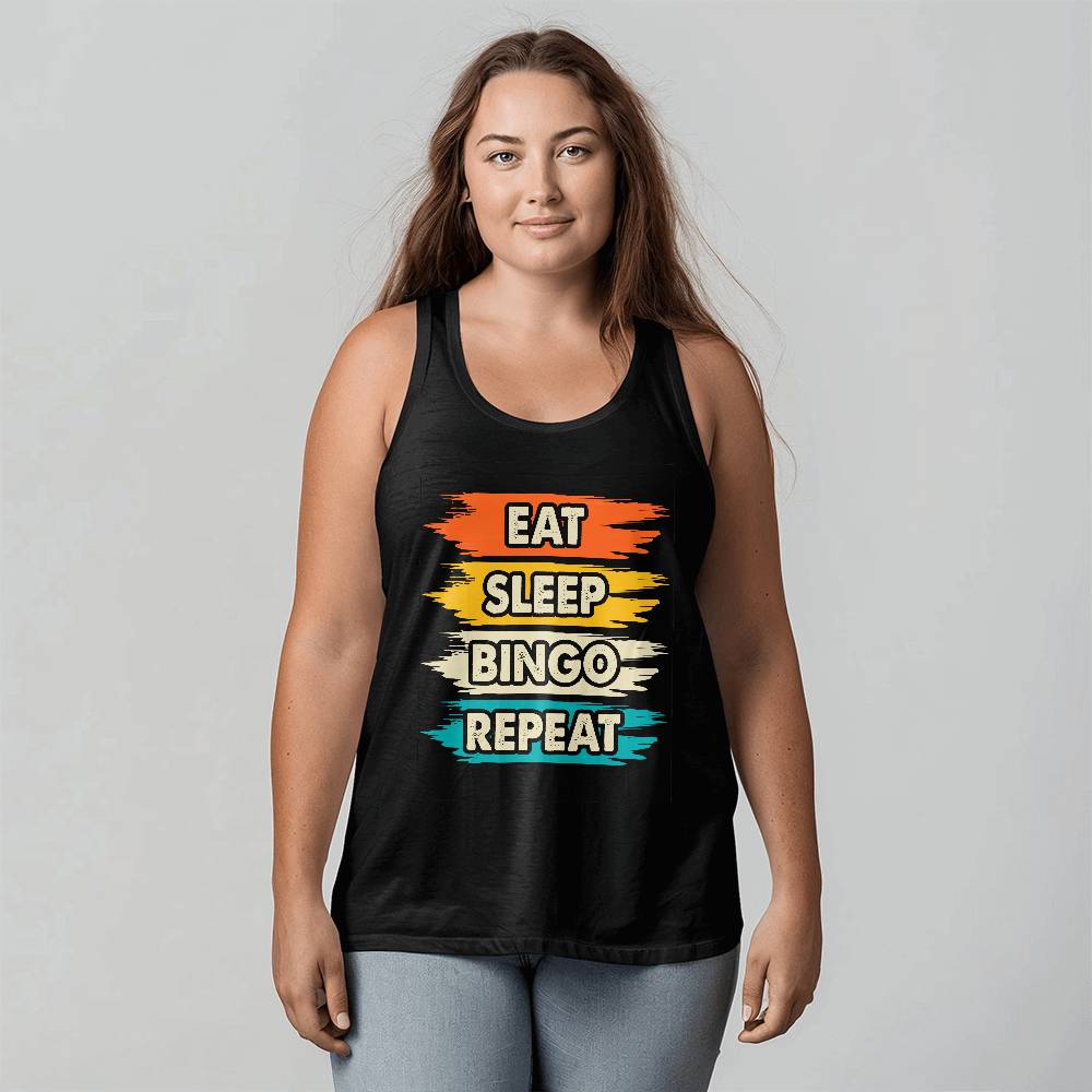 Eat Sleep Bingo Repeat - 3480 Bella + Canvas Unisex Jersey Tank Front Print - Gift for Her - Gift for Him