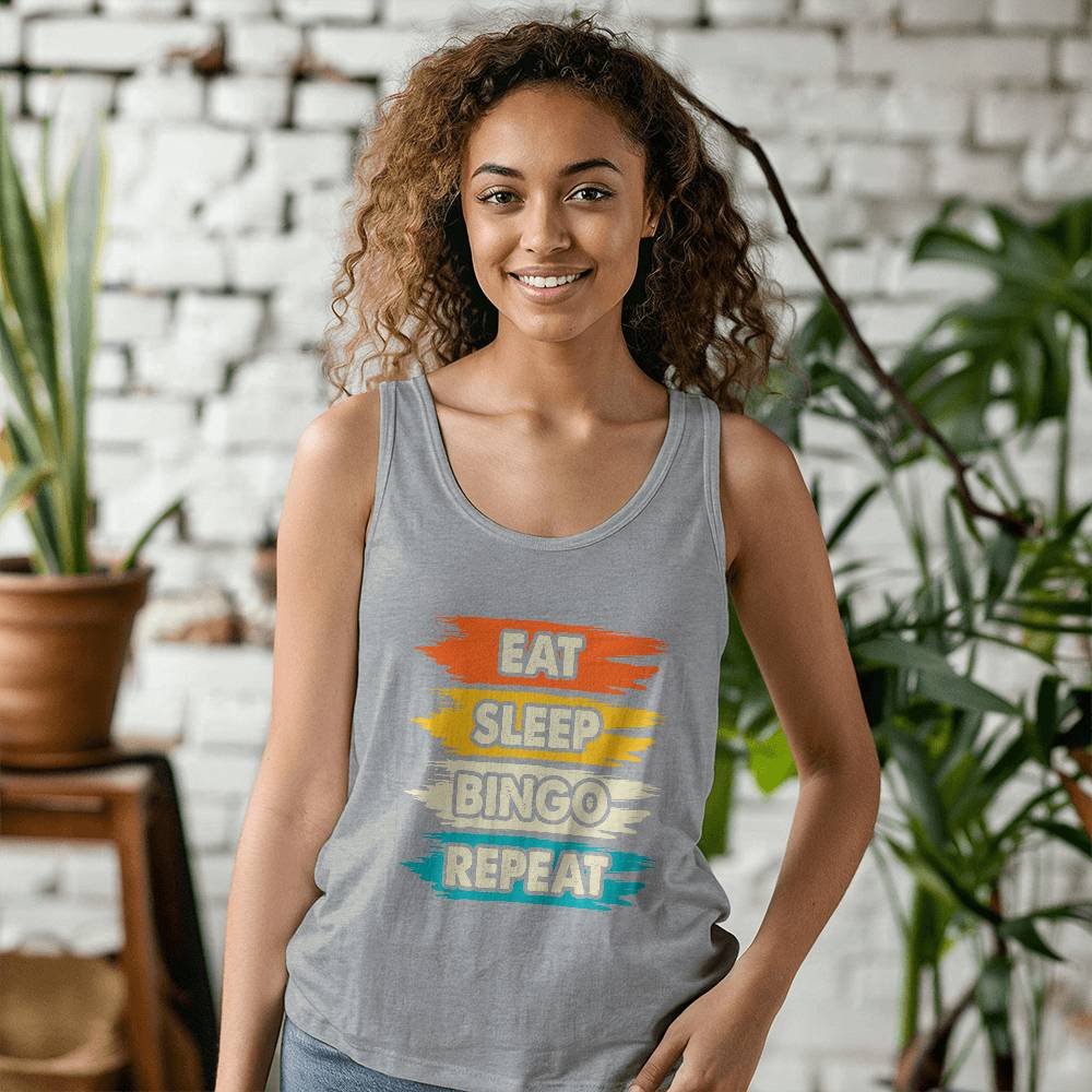 Eat Sleep Bingo Repeat - 3480 Bella + Canvas Unisex Jersey Tank Front Print - Gift for Her - Gift for Him