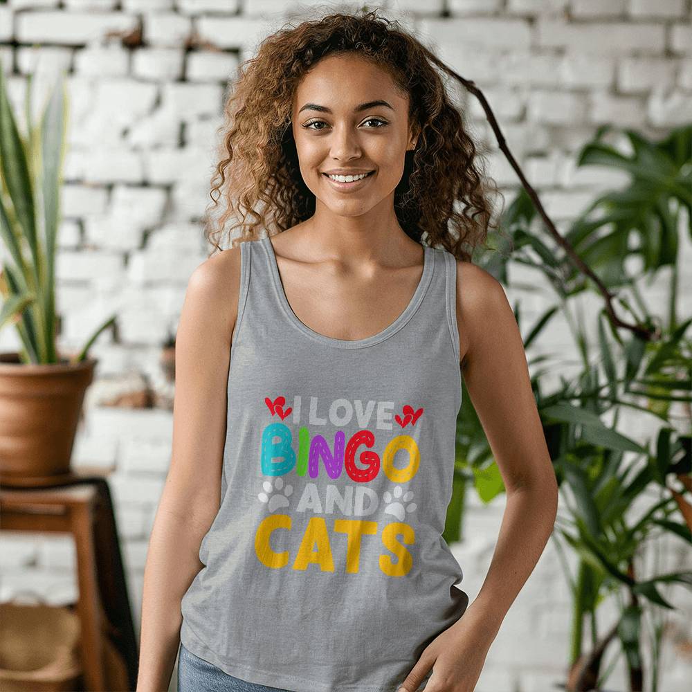 I Love Bingo And Cats - 3480 Bella + Canvas Unisex Jersey Tank Front Print - Gift for Her - Gift for Him