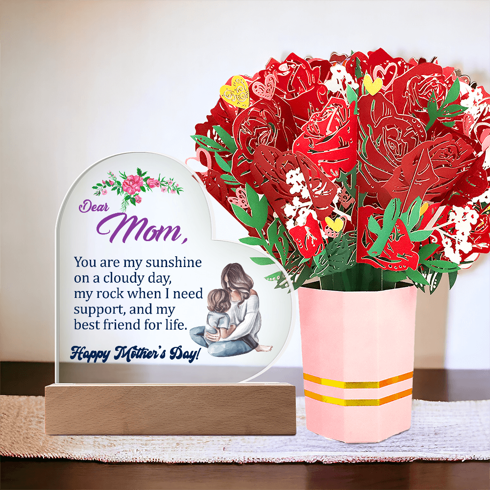 Dear Mom, You Are My Sunshine On A Cloudy Day - Happy Mother's Day - Acrylic Heart & Sweetest Devotion Flower Bouquet - Gift for Mom