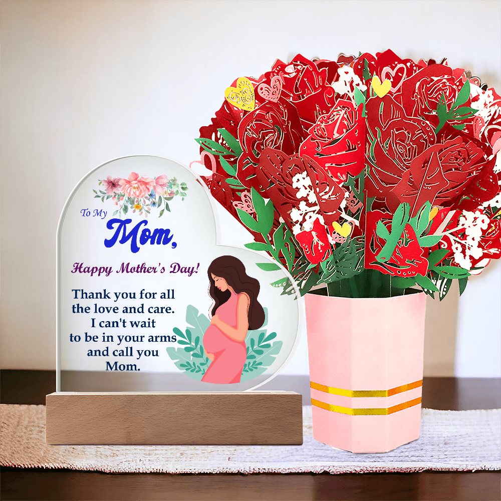 To My Mom, Happy Mother's Day! Thank You For All The Love And Care - Acrylic Heart & Sweetest Devotion Flower Bouquet - Gift for Mom
