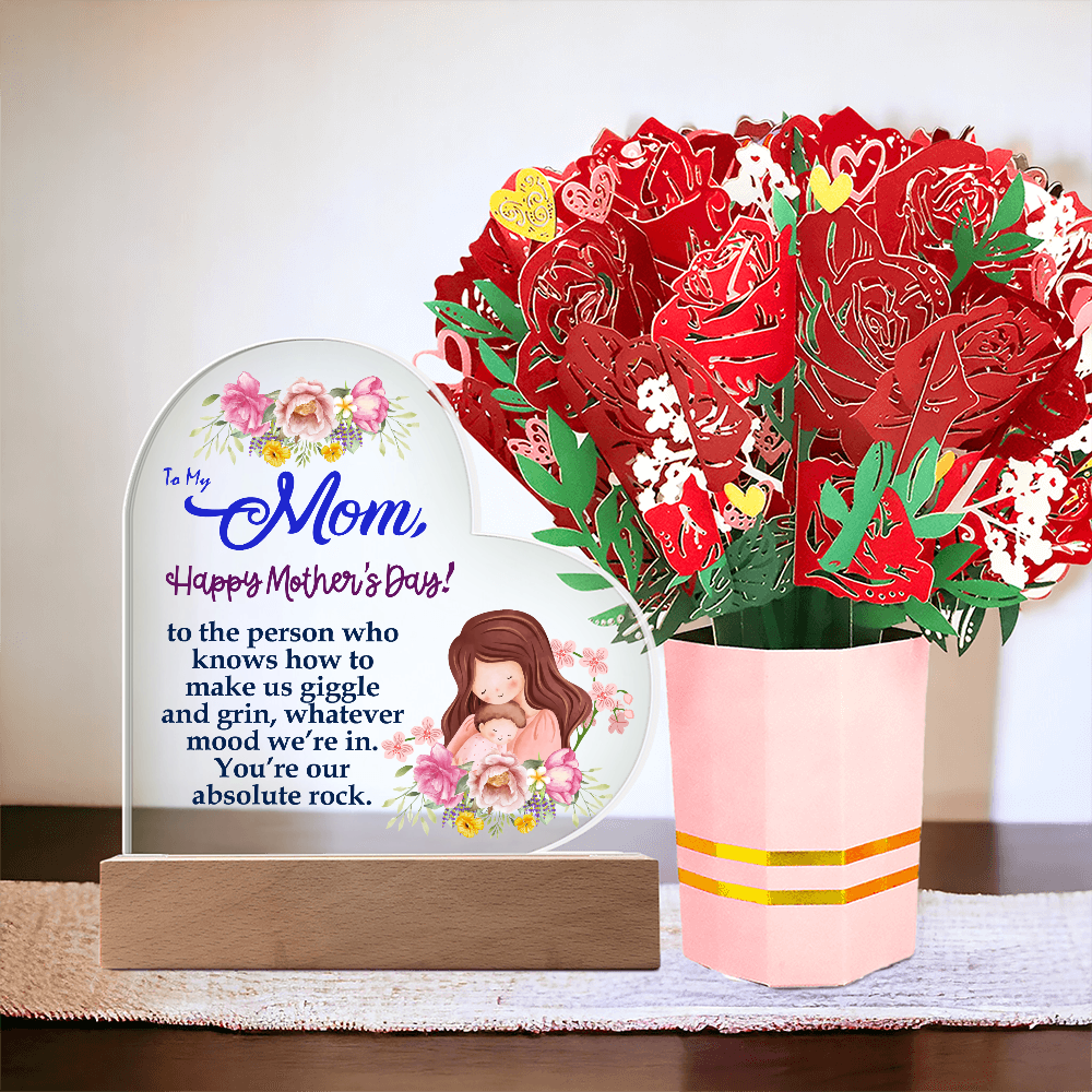 To My Mom, Happy Mother's Day! To The Person Who Knows How To Make Us Giggle And Grin - Acrylic Heart & Sweetest Devotion Flower Bouquet - Gift for Mom