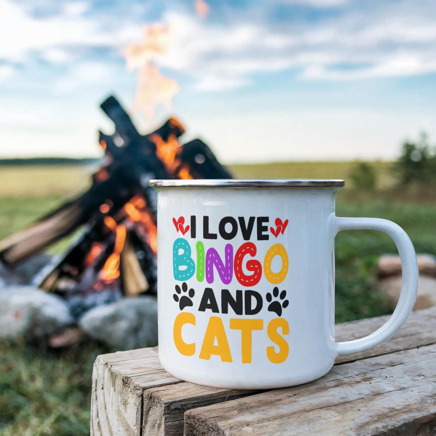 I Love Bingo And Cats - 12oz Enamel Camping Mug - Gift for Her - Gift for Him