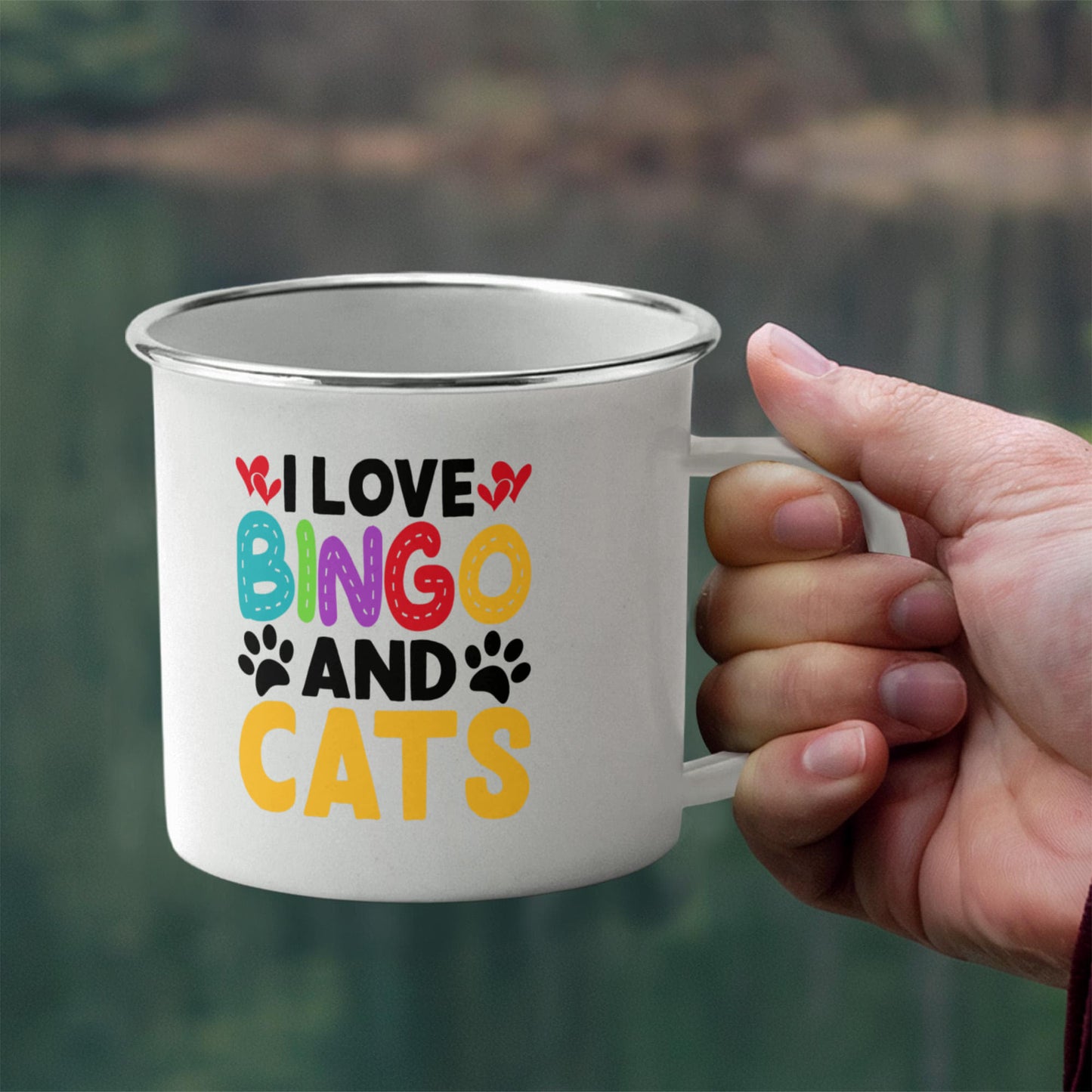 I Love Bingo And Cats - 12oz Enamel Camping Mug - Gift for Her - Gift for Him