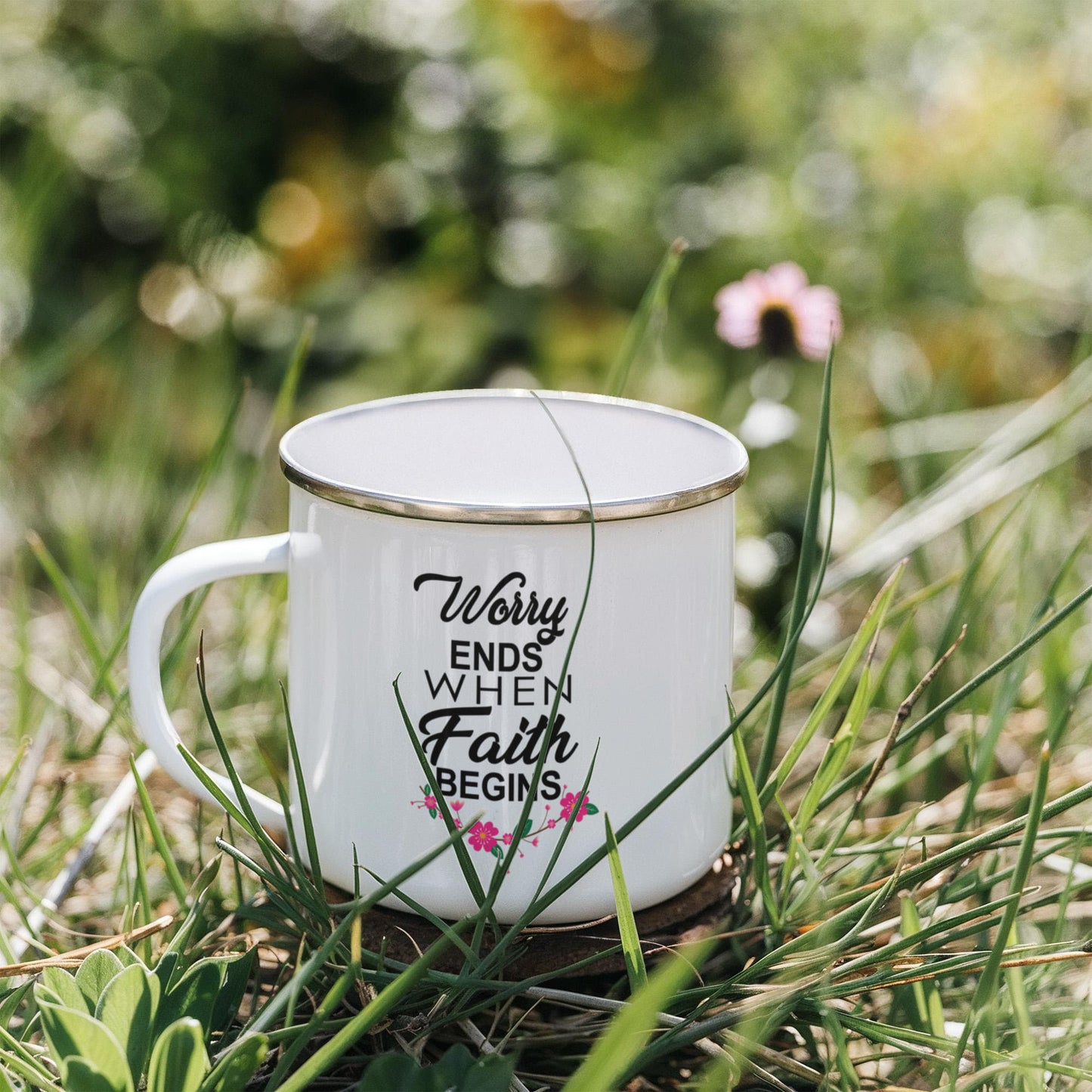 Worry Ends When Faith Begins - 12oz Enamel Camping Mug - Gift for Her
