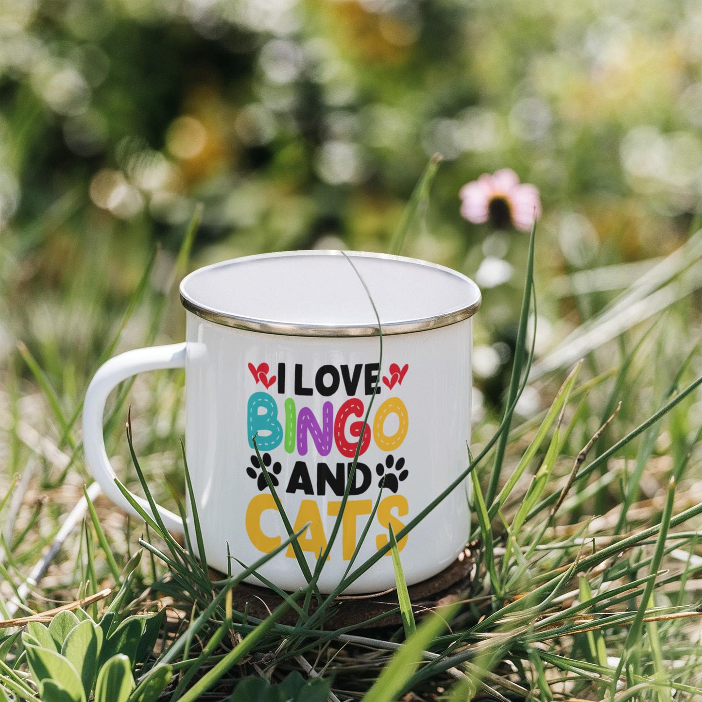 I Love Bingo And Cats - 12oz Enamel Camping Mug - Gift for Her - Gift for Him