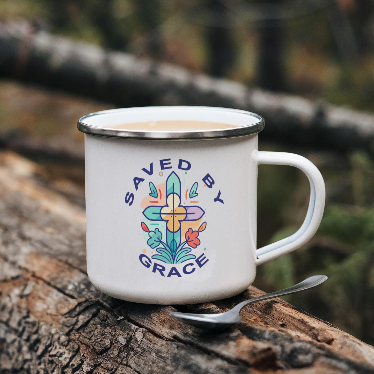 Saved By Grace - 12oz Enamel Camping Mug - Gift for Her