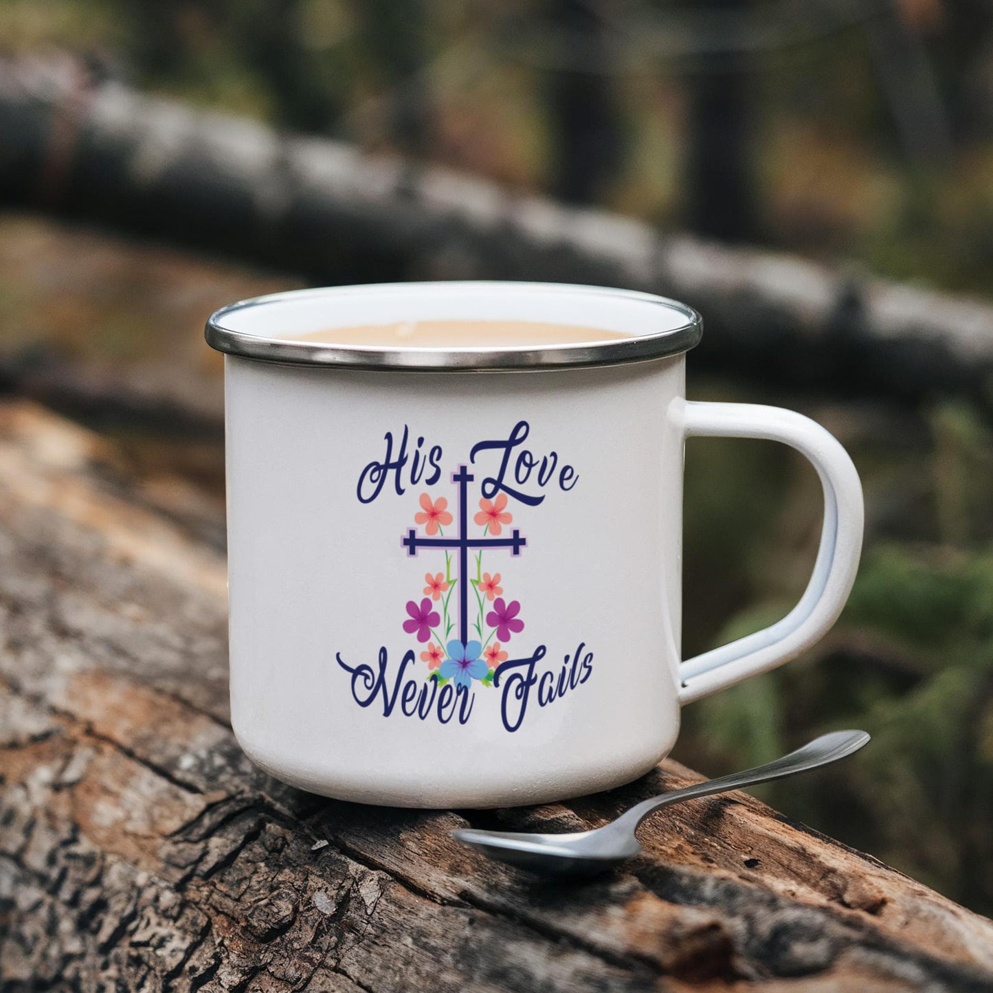 His Love Never Fails - 12oz Enamel Camping Mug - Gift for Her