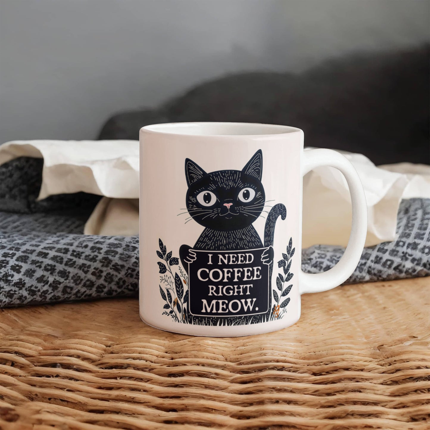 I Need Coffee Right Meow. - White Ceramic Mug 11oz. & 15oz. - Gift for Her - Gift for Him