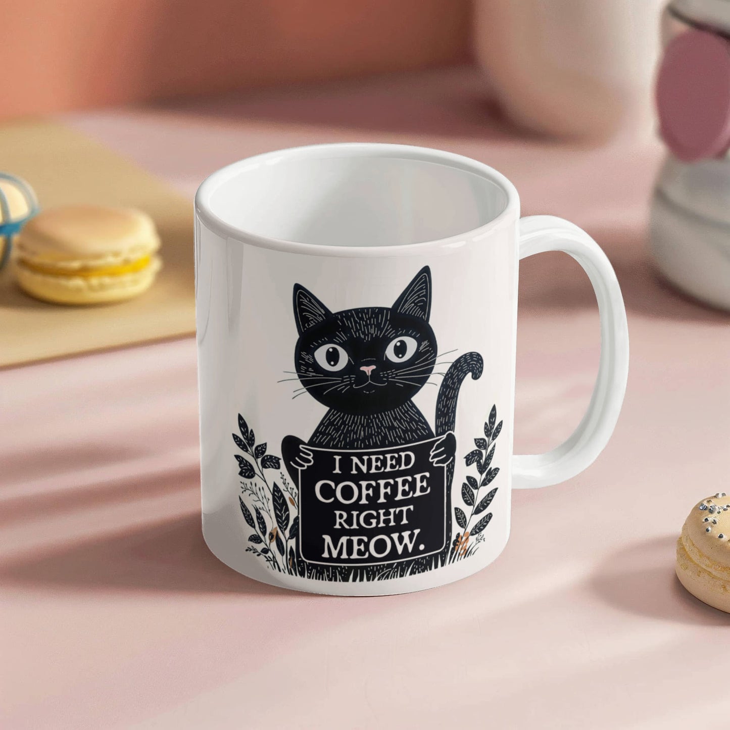 I Need Coffee Right Meow. - White Ceramic Mug 11oz. & 15oz. - Gift for Her - Gift for Him