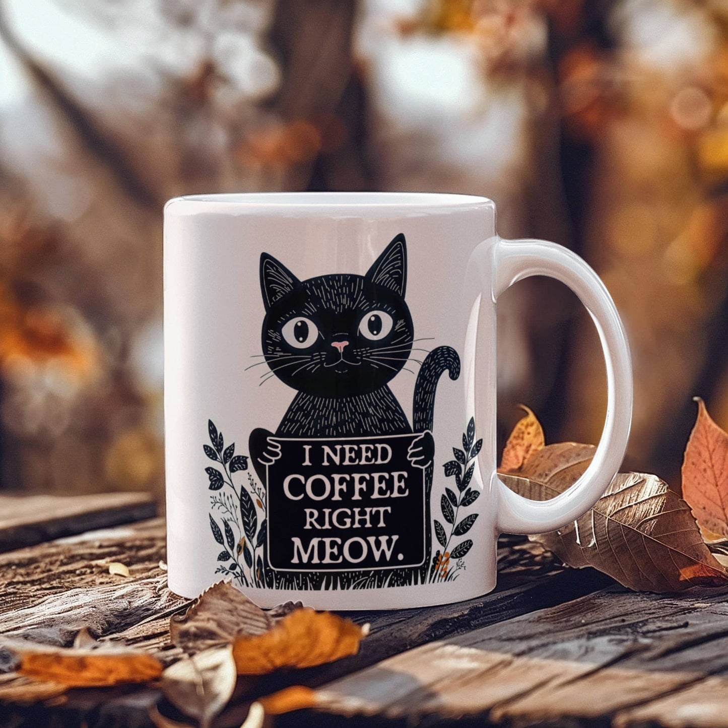 I Need Coffee Right Meow. - White Ceramic Mug 11oz. & 15oz. - Gift for Her - Gift for Him