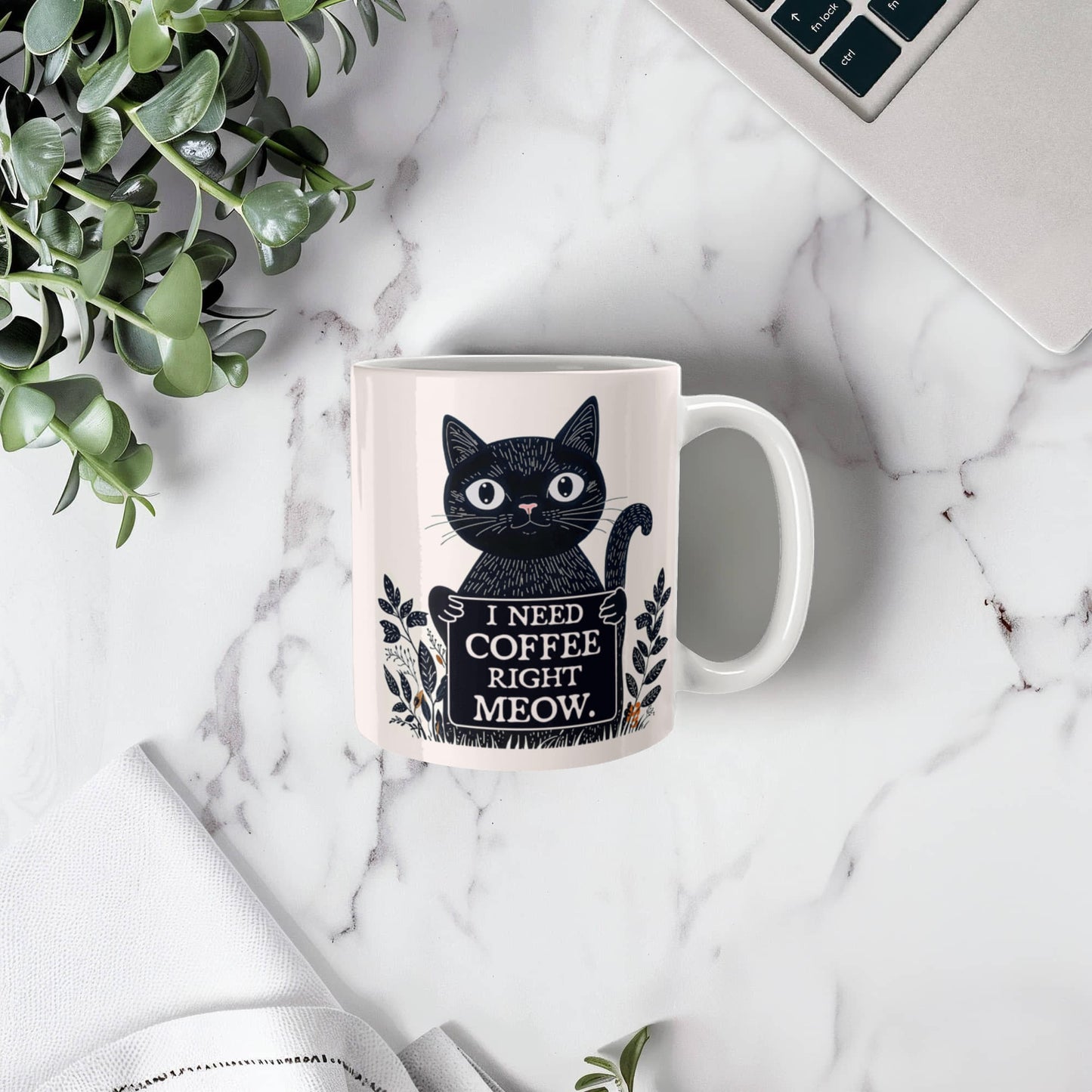 I Need Coffee Right Meow. - White Ceramic Mug 11oz. & 15oz. - Gift for Her - Gift for Him