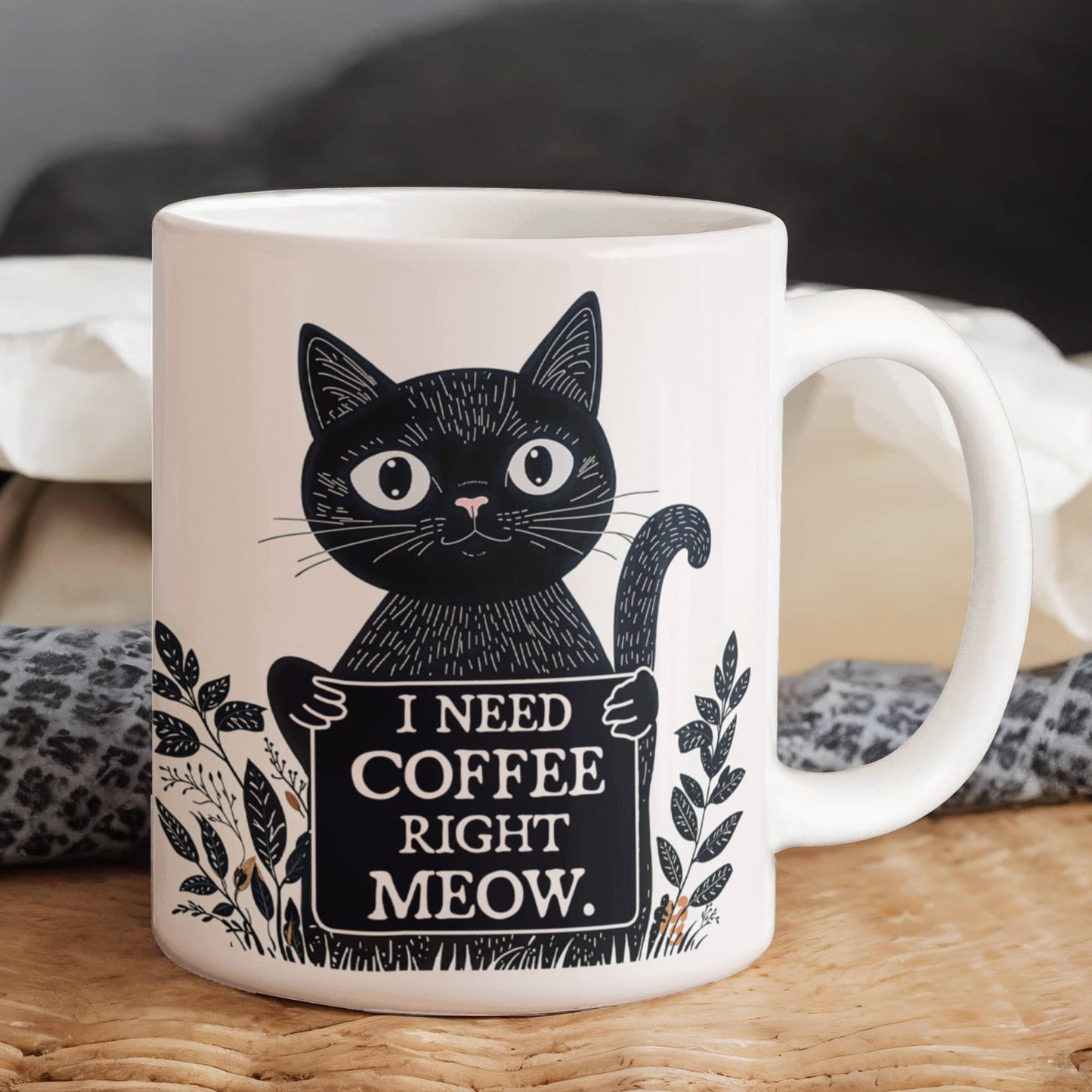 I Need Coffee Right Meow. - White Ceramic Mug 11oz. & 15oz. - Gift for Her - Gift for Him