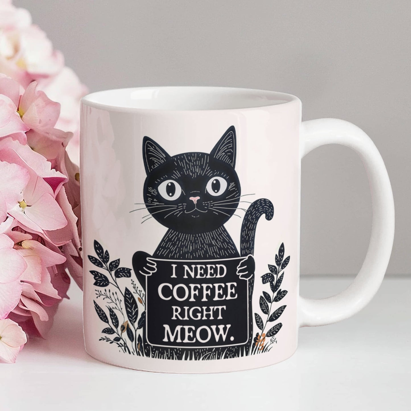 I Need Coffee Right Meow. - White Ceramic Mug 11oz. & 15oz. - Gift for Her - Gift for Him