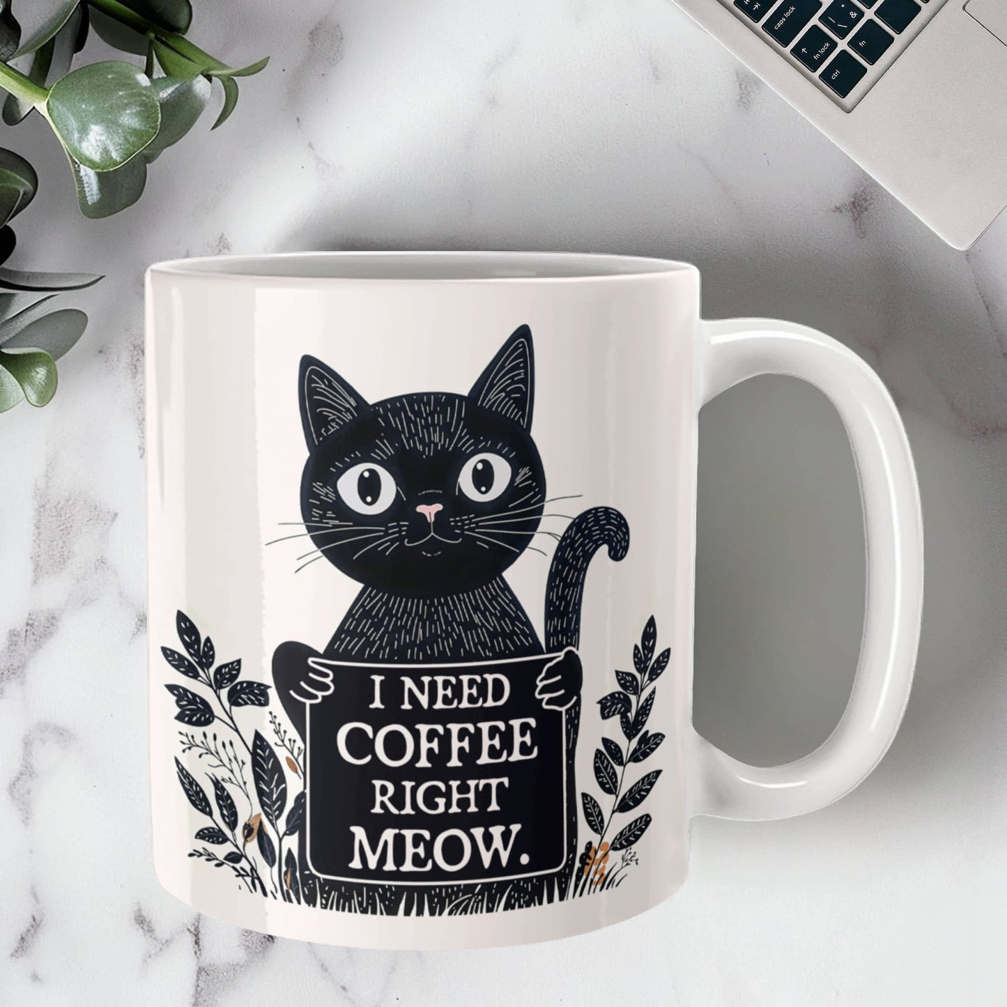 I Need Coffee Right Meow. - White Ceramic Mug 11oz. & 15oz. - Gift for Her - Gift for Him