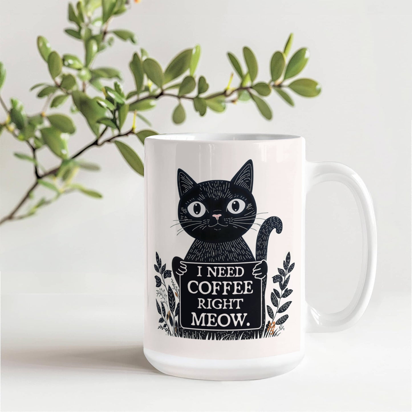 I Need Coffee Right Meow. - White Ceramic Mug 11oz. & 15oz. - Gift for Her - Gift for Him