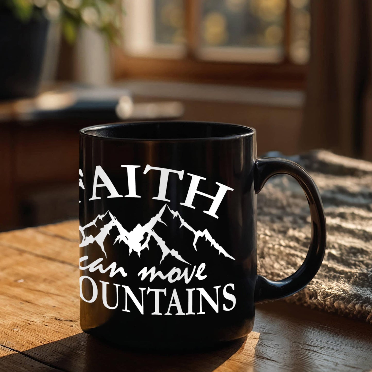 Faith Can Move Mountains - Black Ceramic Mug - Gift for Her - Gift for Him
