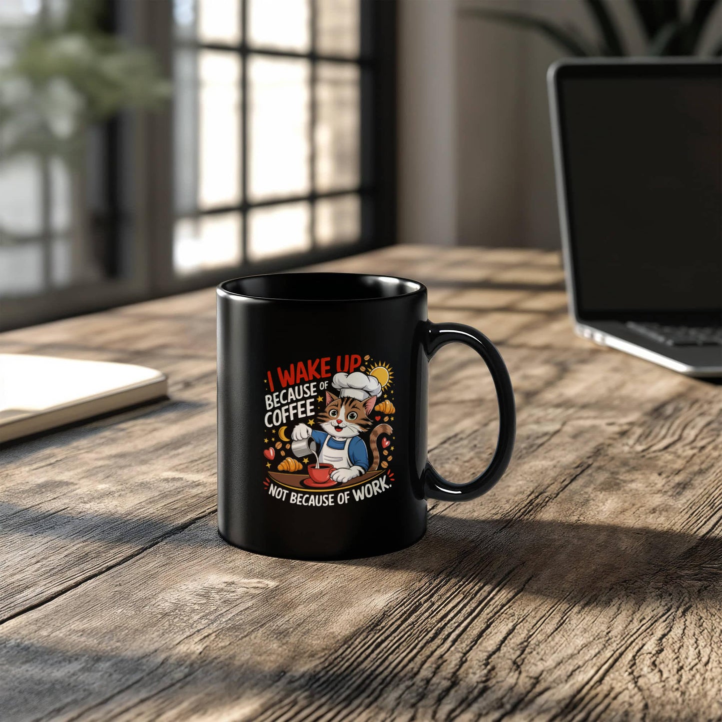 I Wake Up Because Of Coffee Not Because Of Work. - Black Ceramic Mug 11oz. & 15oz. - Gift for Her - Gift for Him