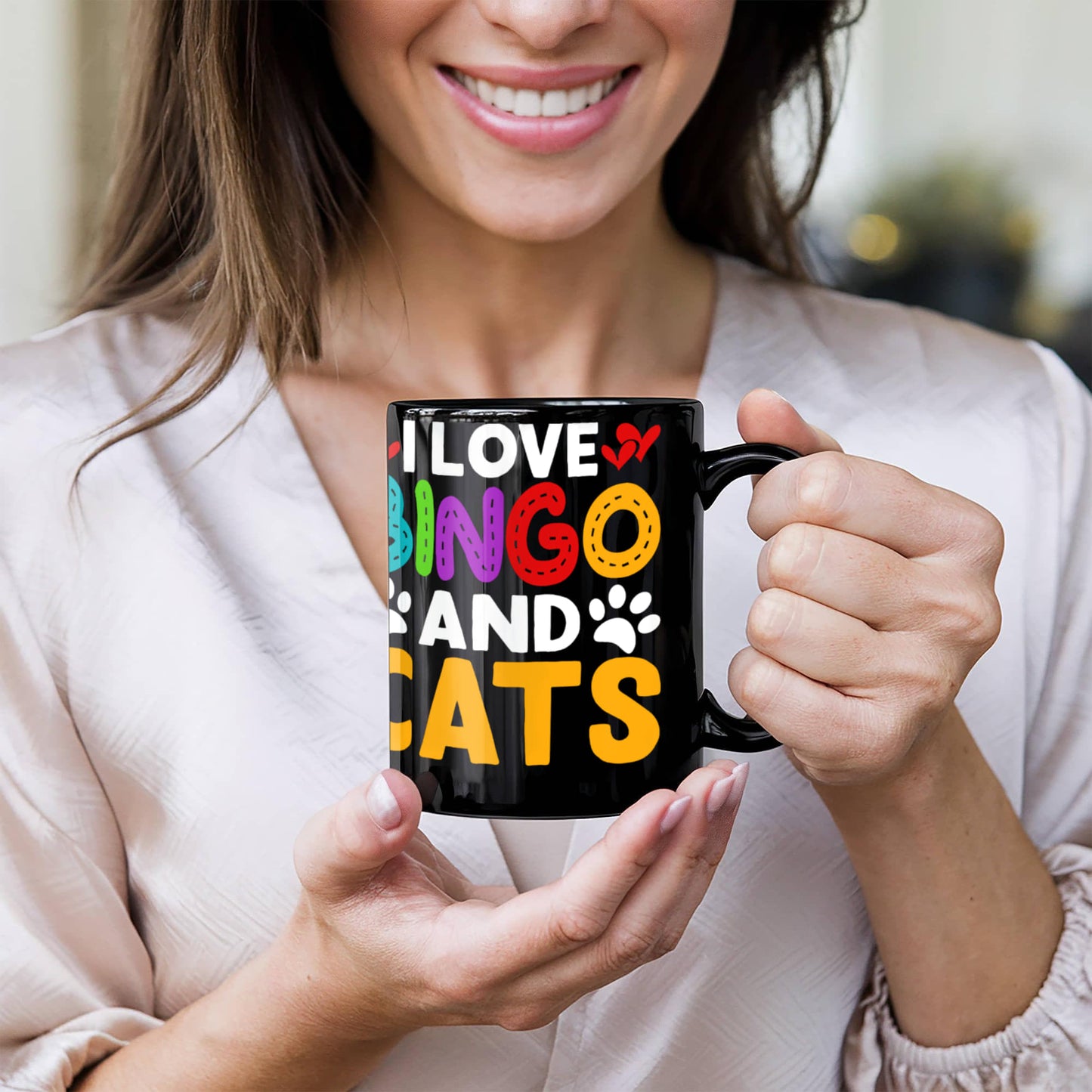 I Love Bingo And Cats - Black Ceramic Mug - Gift for Her - Gift for Him