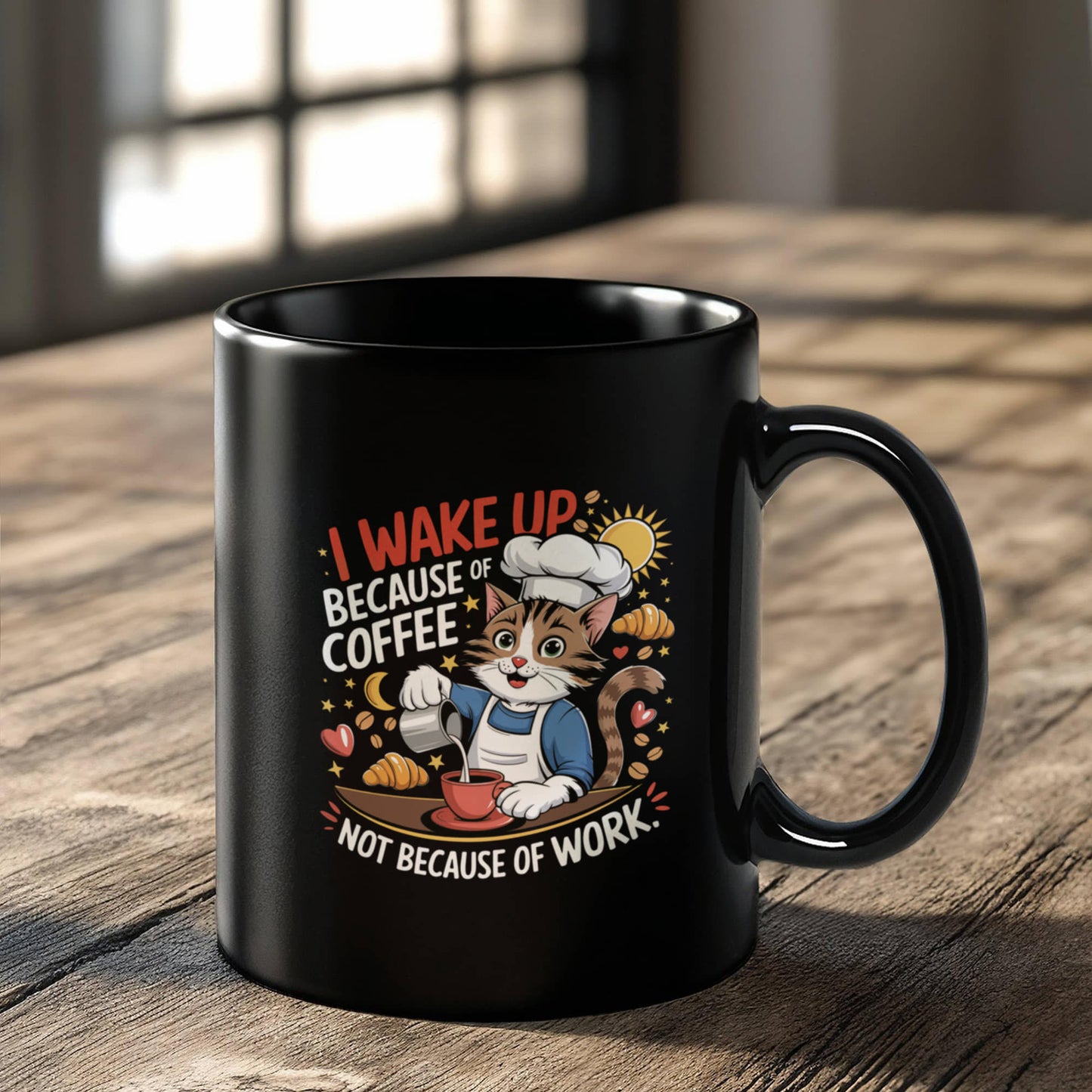 I Wake Up Because Of Coffee Not Because Of Work. - Black Ceramic Mug 11oz. & 15oz. - Gift for Her - Gift for Him
