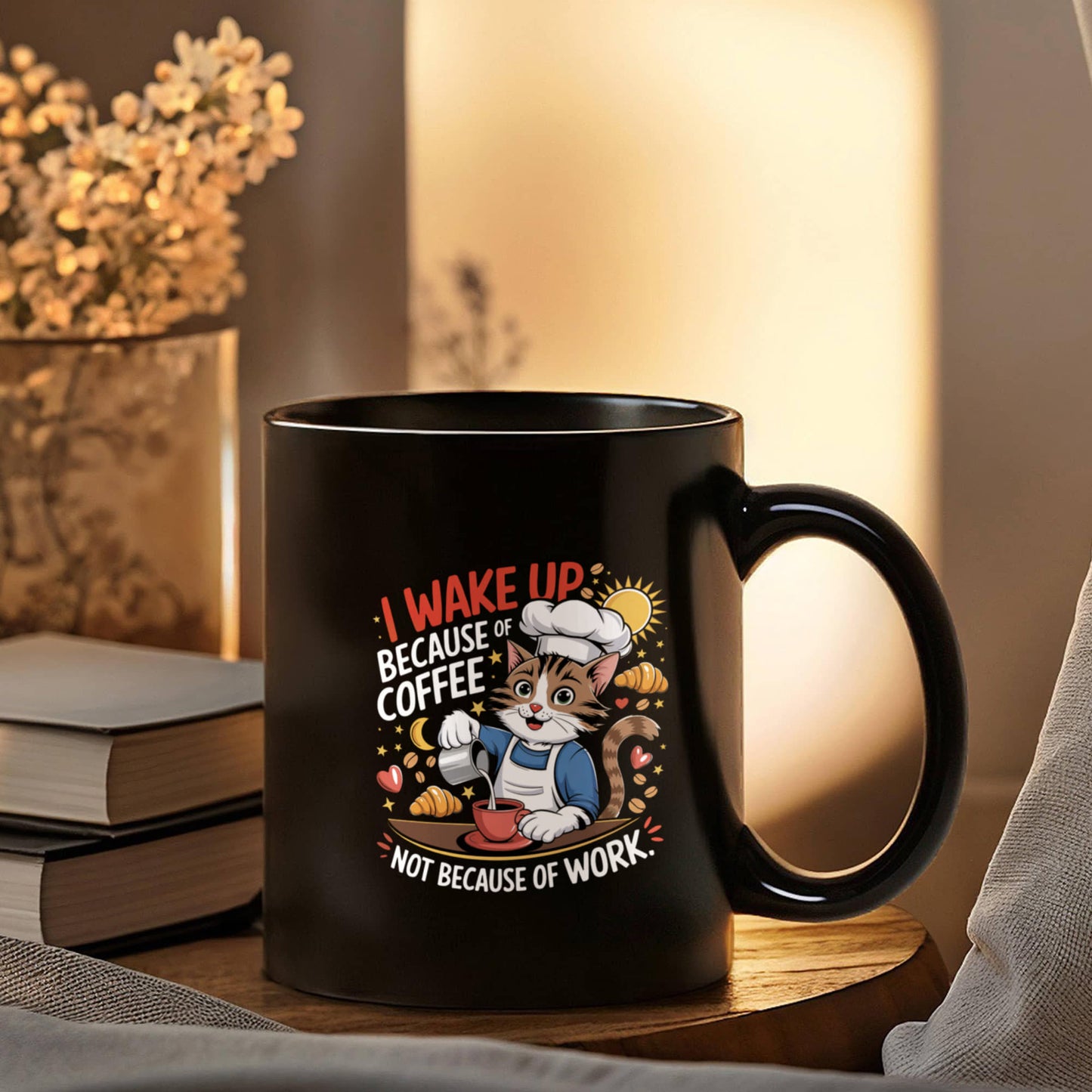 I Wake Up Because Of Coffee Not Because Of Work. - Black Ceramic Mug 11oz. & 15oz. - Gift for Her - Gift for Him