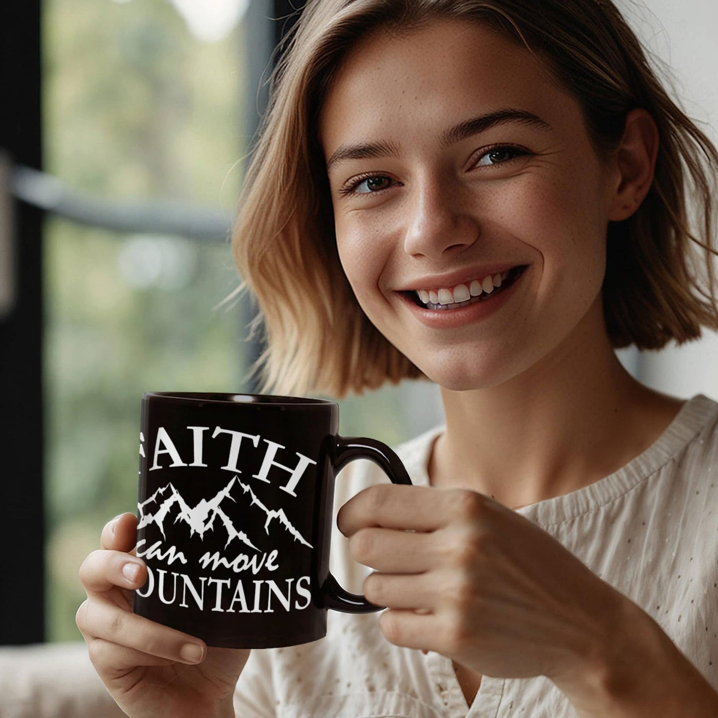 Faith Can Move Mountains - Black Ceramic Mug - Gift for Her - Gift for Him