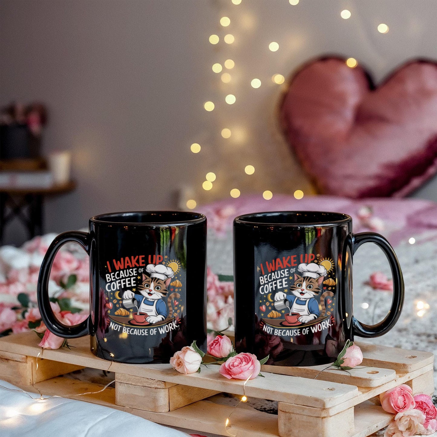 I Wake Up Because Of Coffee Not Because Of Work. - Black Ceramic Mug 11oz. & 15oz. - Gift for Her - Gift for Him